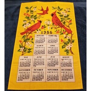 Vintage linen tea towel cardinals and flowering branches calendar 1986 nos